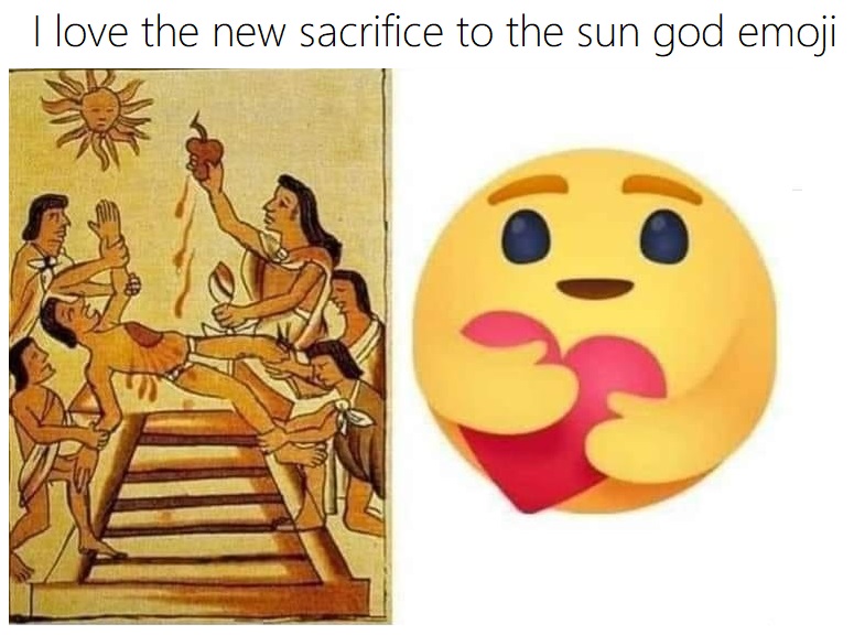 This meme is a humorous comparison between an ancient Aztec ritual (left) and a modern emoji (right). The left image shows a gruesome scene of human sacrifice, while the right image is a smiling face with a tongue-out expression. The text at the top of the meme reads, "I love the new sacrifice to the sun god emoji".